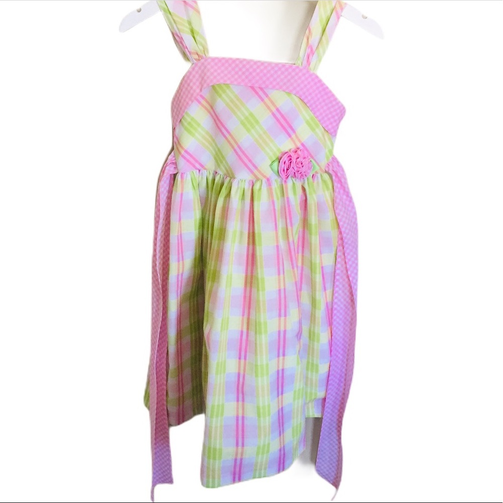 BONNIE JEAN (Nordstrom) Plaid Dress With Corsage Front & Tie Belt Pink Green 10Y